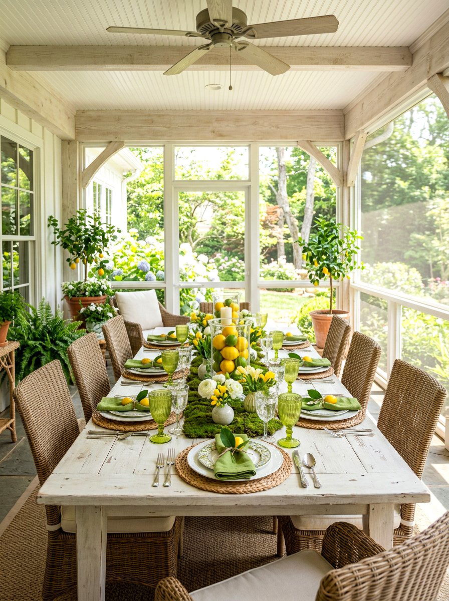 Yellow and green lemon tablescape - 25 Spring Lemon Centerpiece Ideas