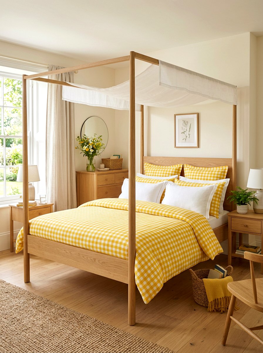 Yellow gingham patterned bedding - 25 Spring Four Poster Bed Decor Ideas
