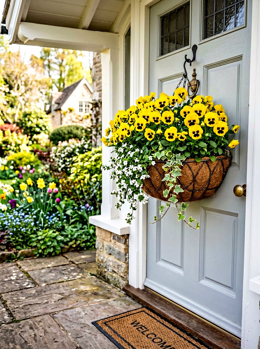 Yellow pansy door basket - 25 Spring Hanging Basket Door Ideas