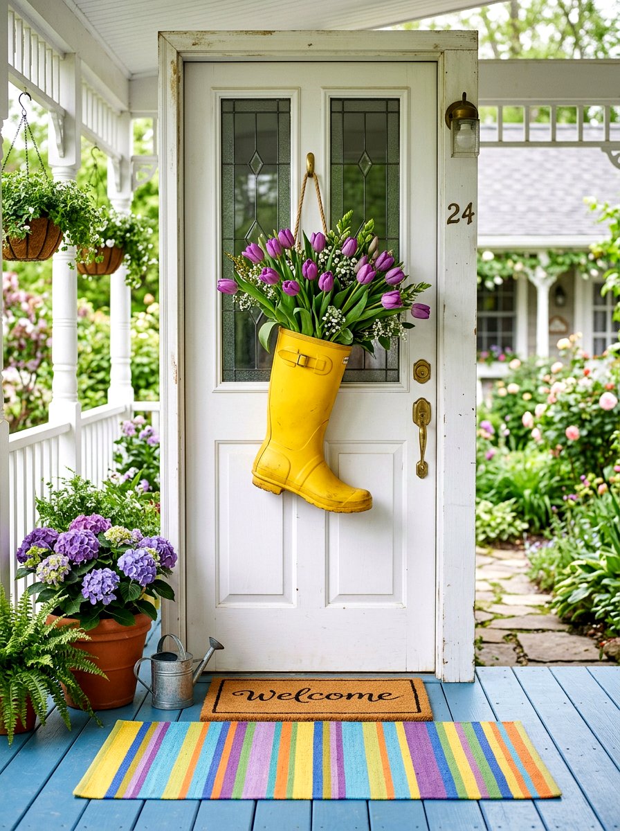 Yellow rain boot door decor - 25 Spring Door Swag Ideas
