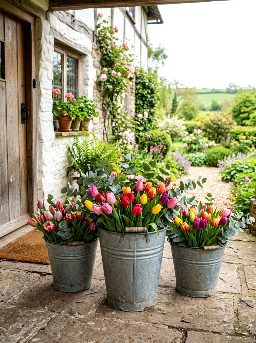 Zinc farmhouse flower buckets - 25 Spring Metal Planter Ideas