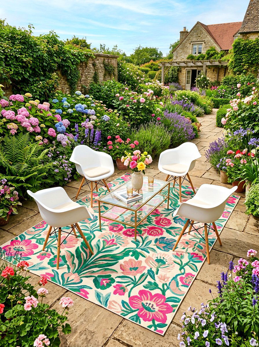 floral terrace rug - 25 Spring Terrace Decor Ideas