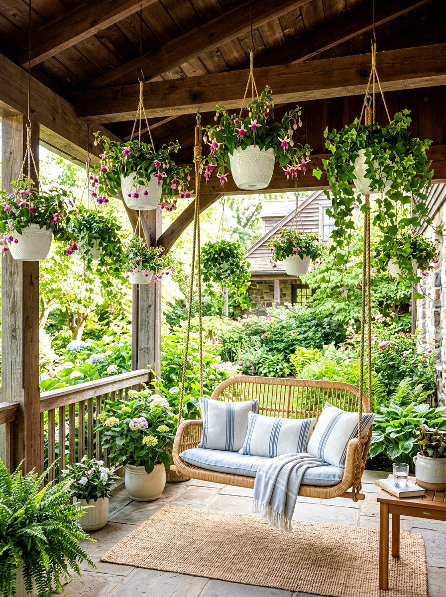 hanging plants porch - 25 Spring Terrace Decor Ideas