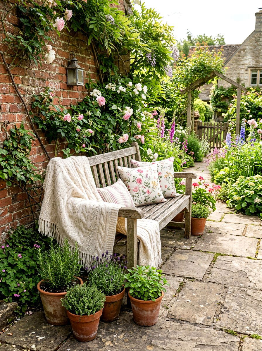 rustic wood bench - 25 Spring Terrace Decor Ideas