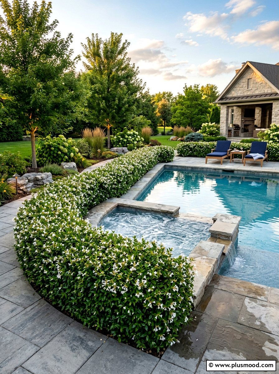 Abelia glossy foliage garden - 25 pool landscaping ideas with shrubs