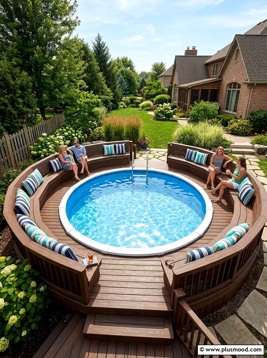 Above ground pool with built in benches - 25 pool landscaping ideas for kids pools