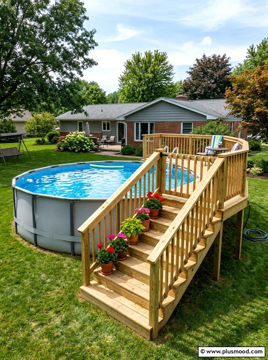 Above ground pool with wooden stairs - 25 pool landscaping ideas for kids pools