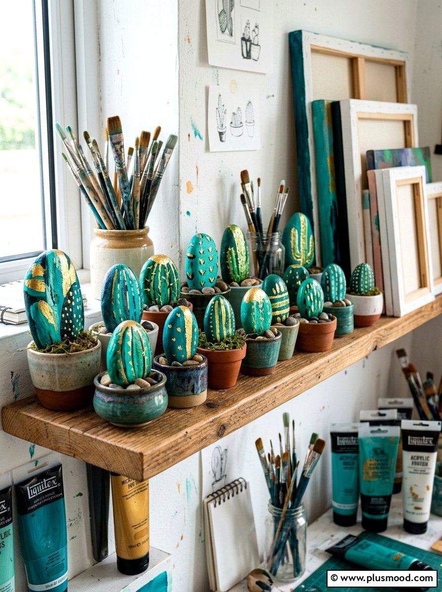 Abstract Cactus Stone - 25 painted rock ideas with cactus design