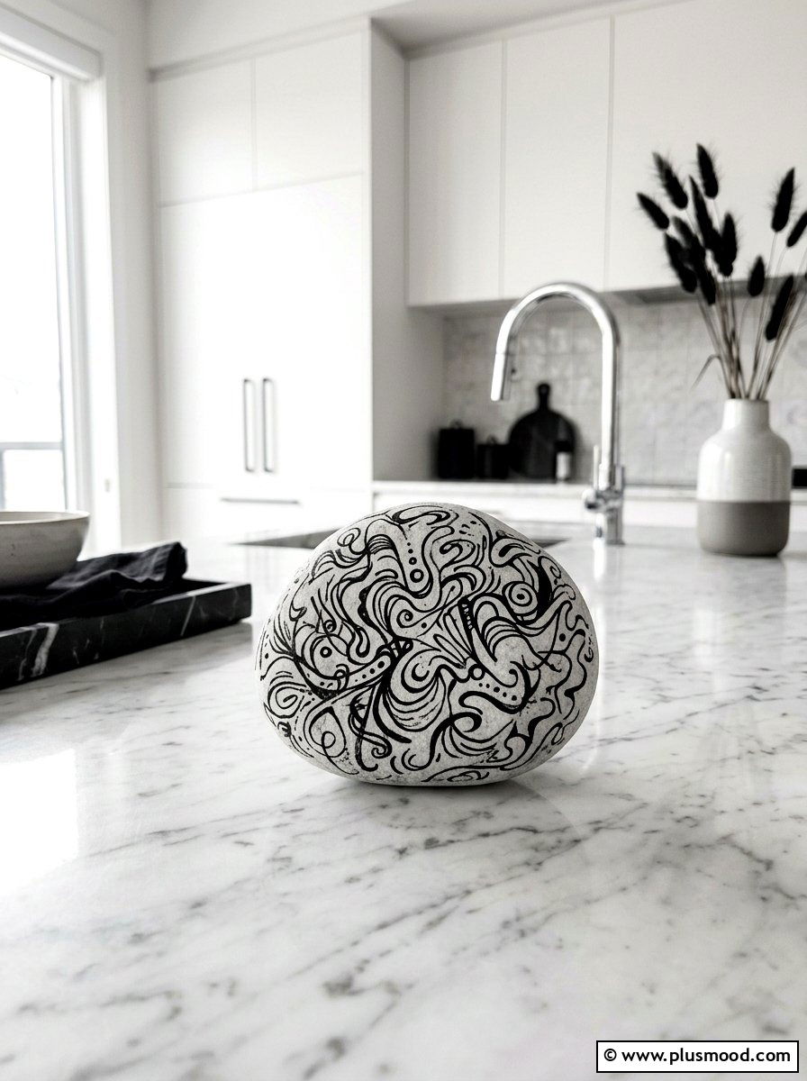 Abstract Line Art Stone - 25 painted rock ideas with zentangle art