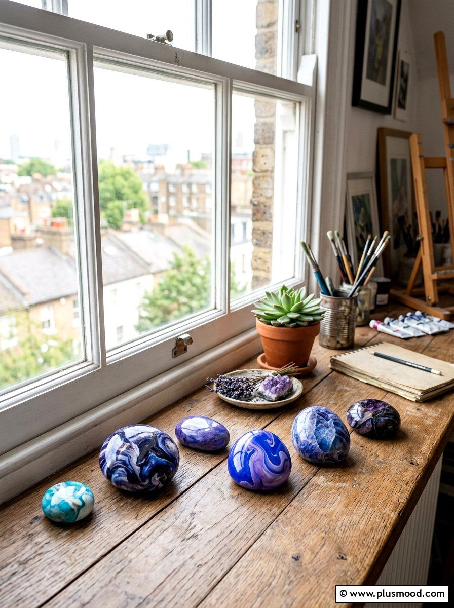 Abstract Swirl Stones - 25 painted rock ideas for window sill display