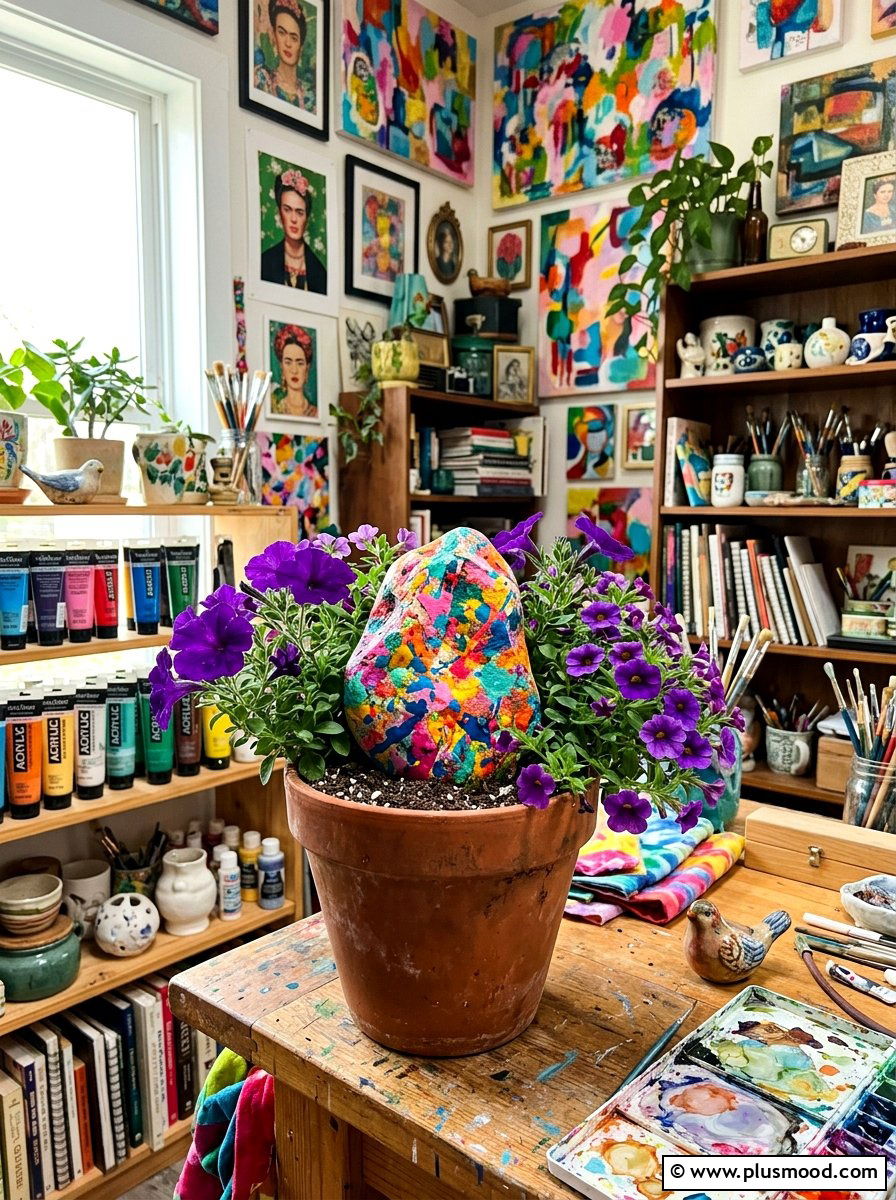 Abstract colorful splash rock for planter - 25 painted rock ideas for plant pot decoration