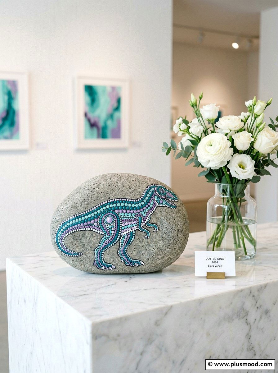 Abstract dot art dinosaur - 25 painted rock ideas with dinosaur art