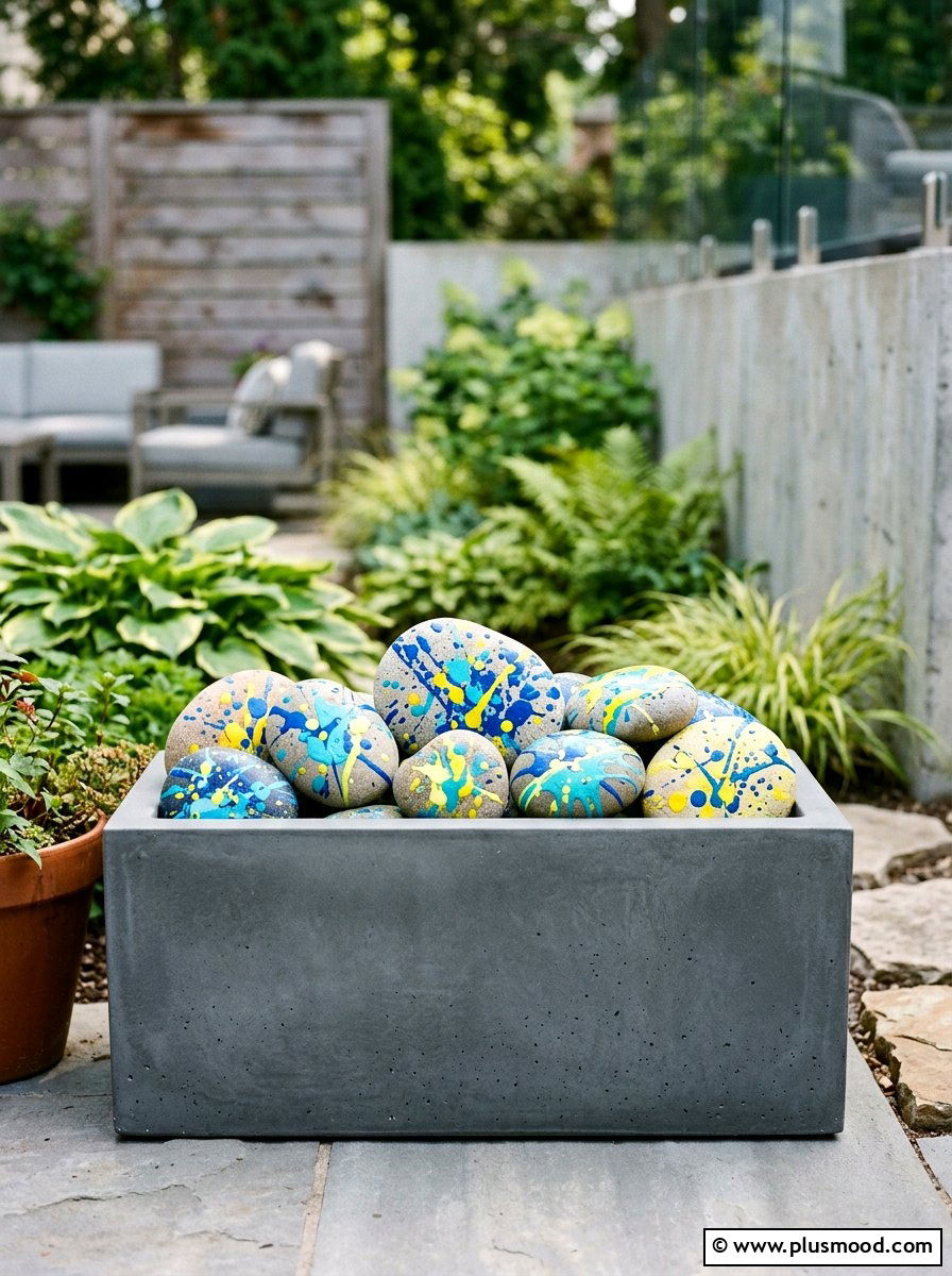 Abstract splatter stones - 25 painted rock ideas for potted plant display