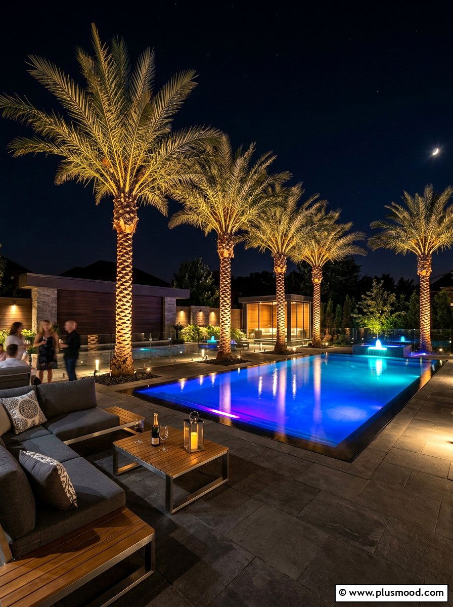 Accent lighting pool with architectural palms - 25 pool landscaping ideas with palm trees