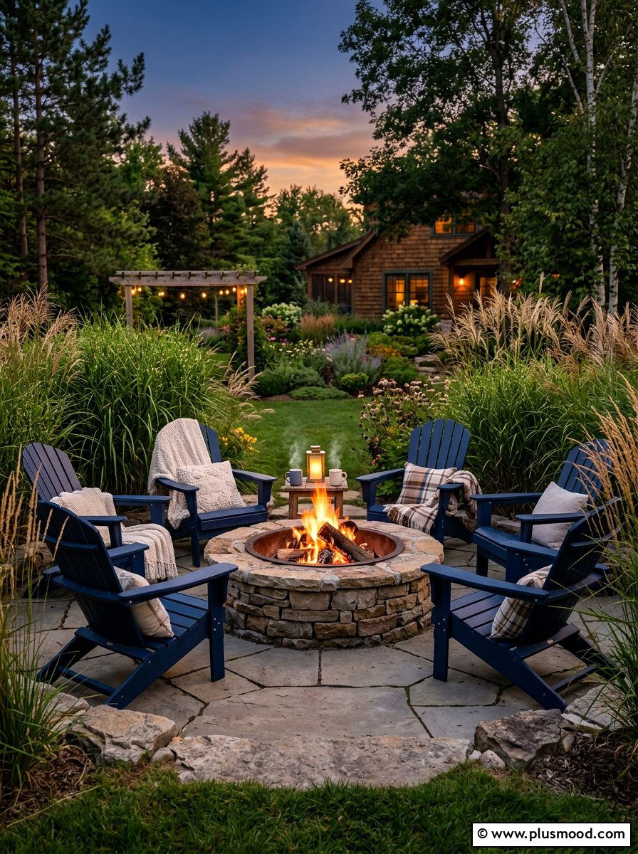 Adirondack Chair Fire Pit Garden - 25 summer farmhouse garden ideas