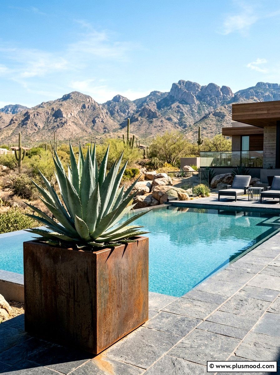 Agave Plant In Contemporary Metal Planter - 25 pool landscaping ideas with potted plants