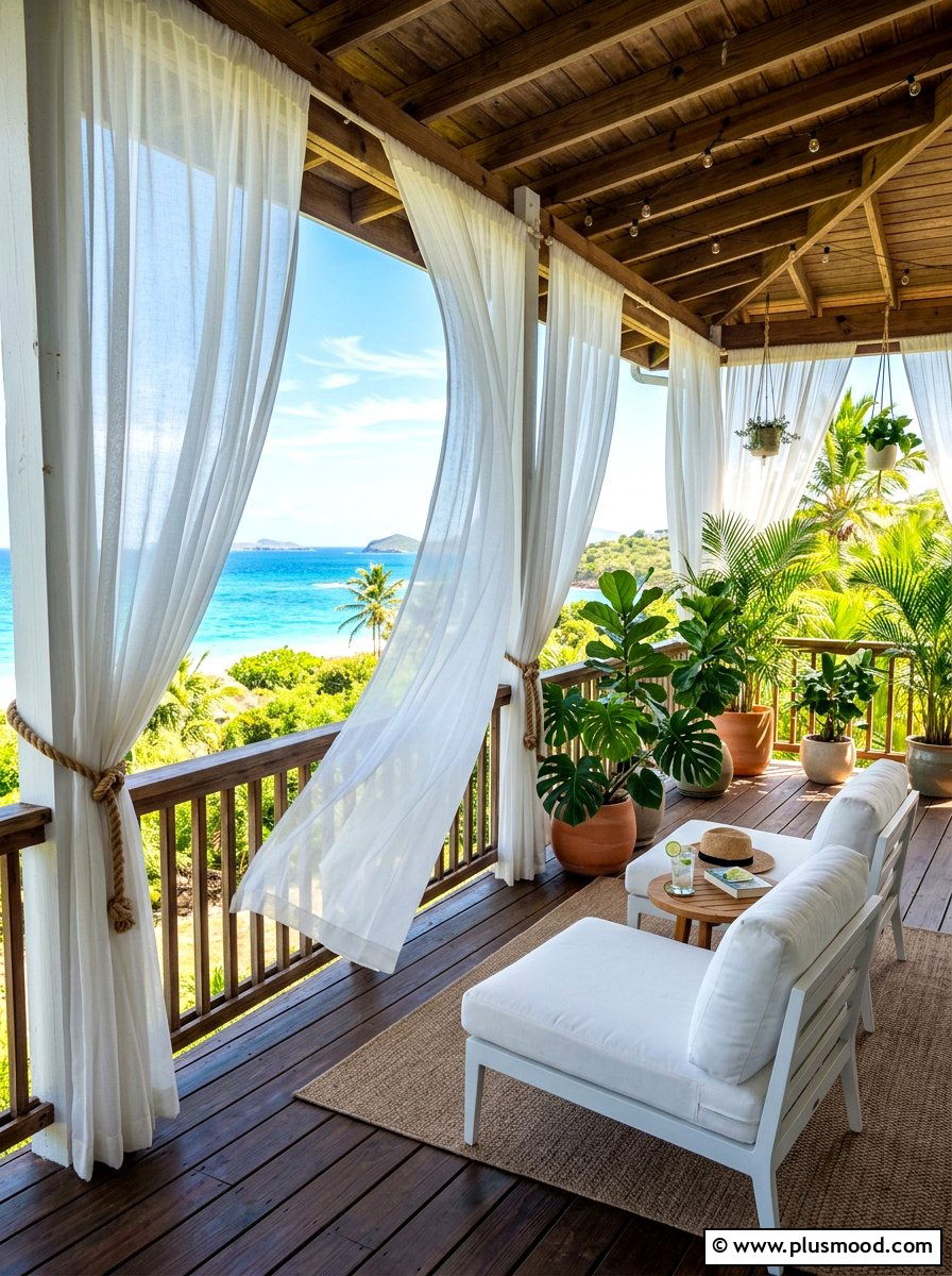 Airy sheer curtain porch - 25 summer coastal porch ideas