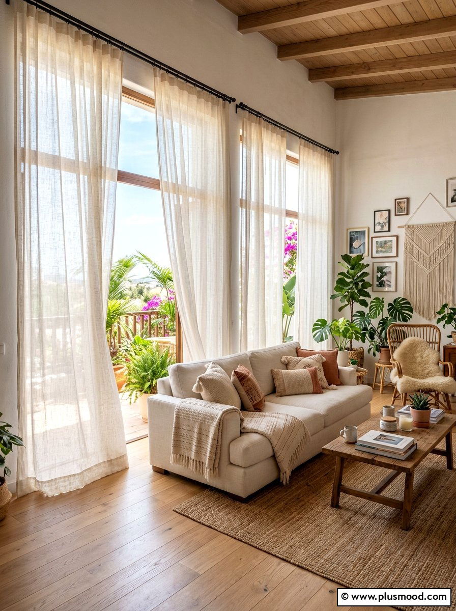 Airy sheer curtains - 25 boho summer living room ideas