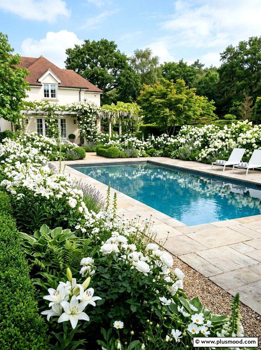 All white flower garden - 25 pool landscaping ideas for colonial homes