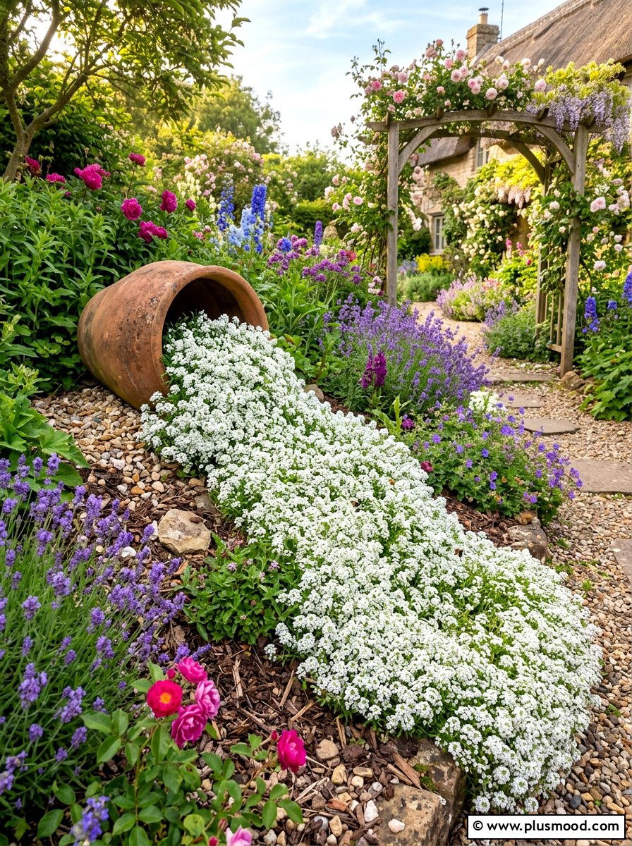 Alyssum spill flower bed - 25 summer spill planter ideas