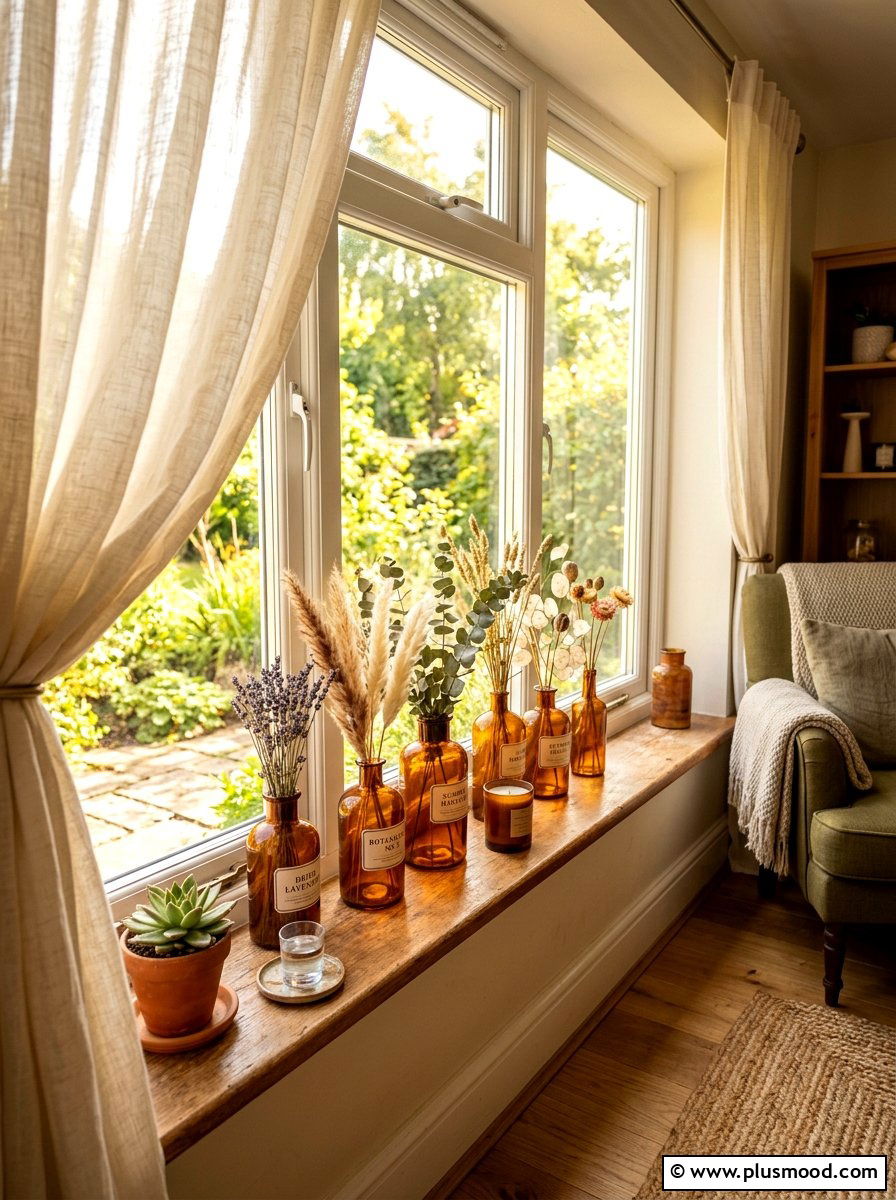 Amber Bottle Display - 25 late summer cottage decor ideas