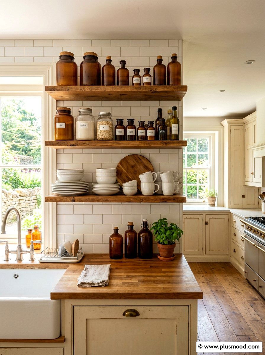 Amber glass kitchen shelving - 25 late summer farmhouse decor ideas