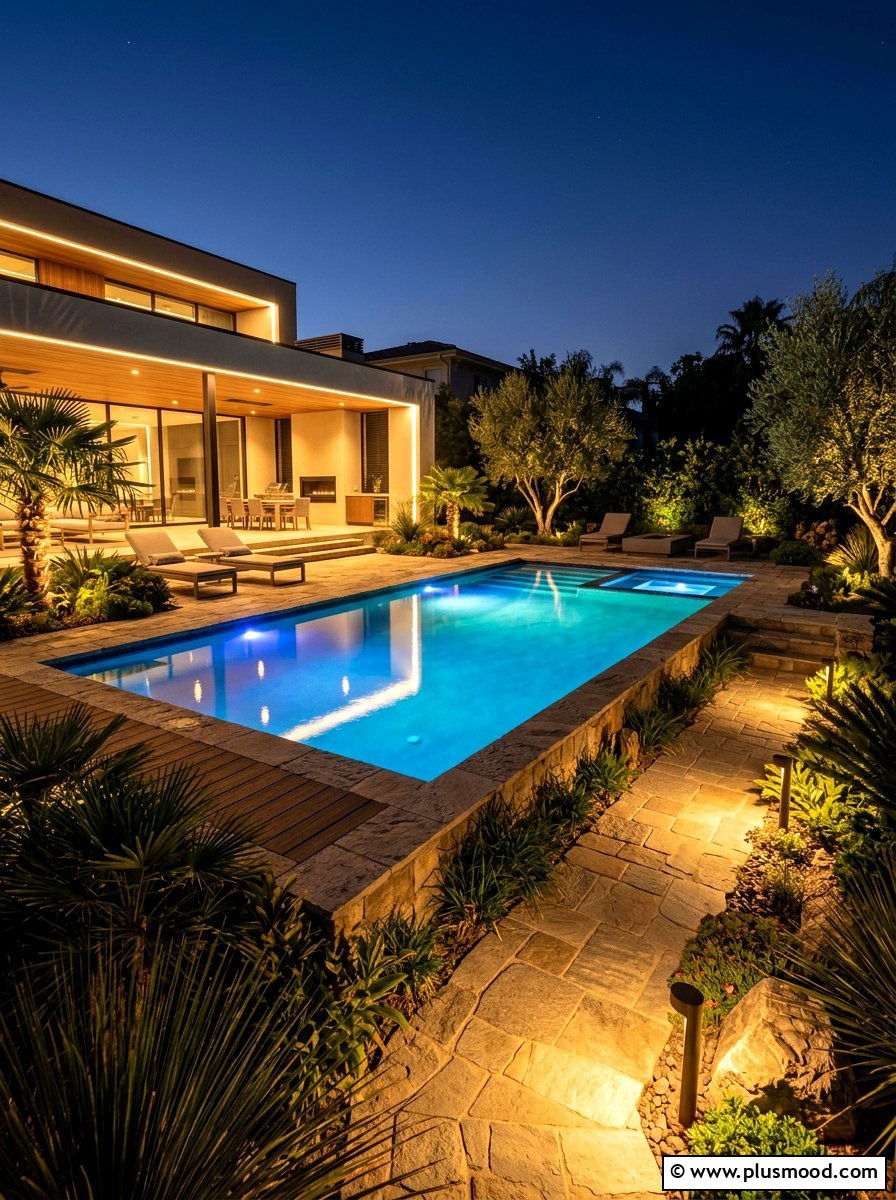 Ambient LED lighting for pool landscape - 25 pool landscaping ideas for corner pools