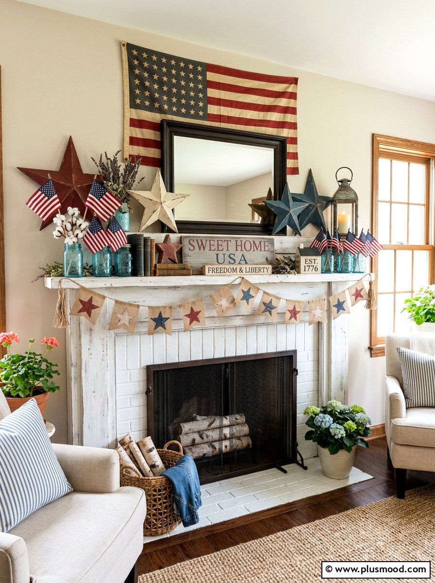 Americana Summer Mantel - 25 summer mantel ideas for living room