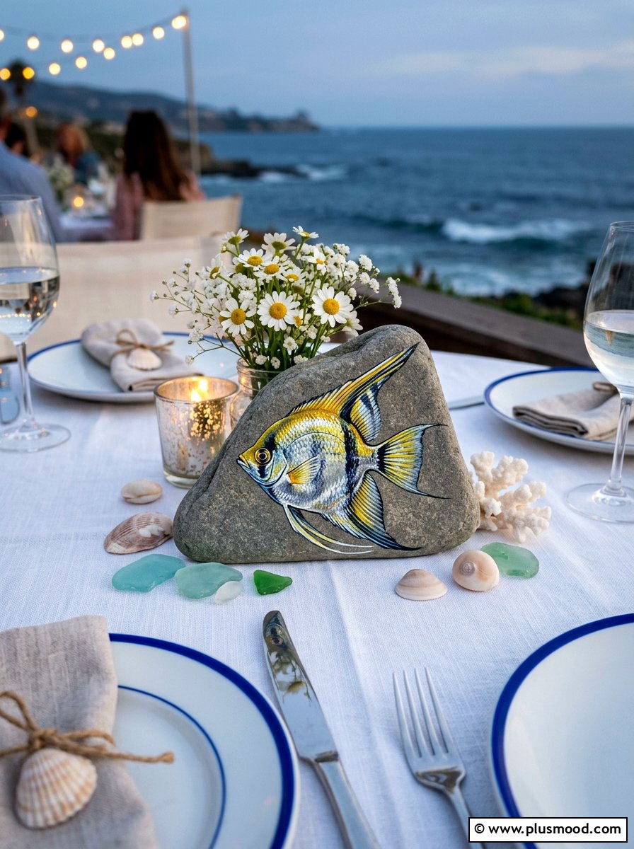 Angelfish Painted Stone - 25 painted rock ideas with fish design