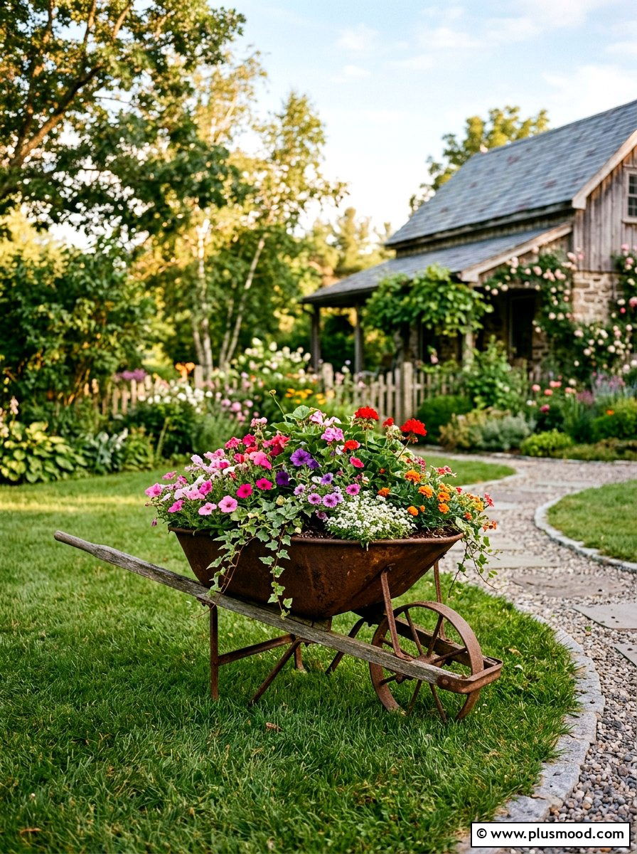 Antique Wheelbarrow Planter - 25 small backyard ideas farmhouse style