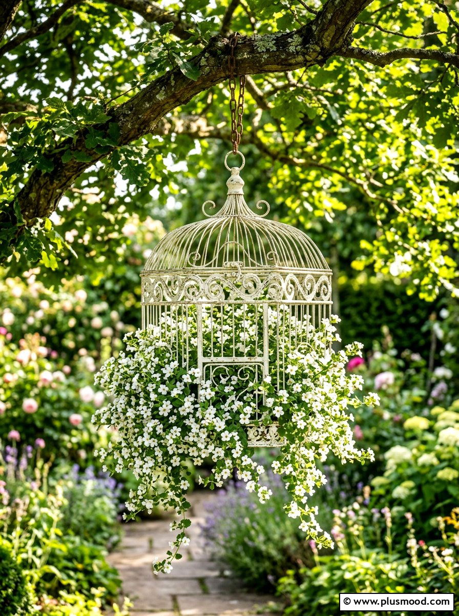 Antique birdcage hanging flower planter - 25 summer backyard planter ideas