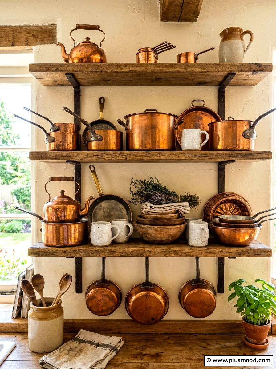 Antique copper kitchen shelf styling - 25 summer French country summer decor ideas