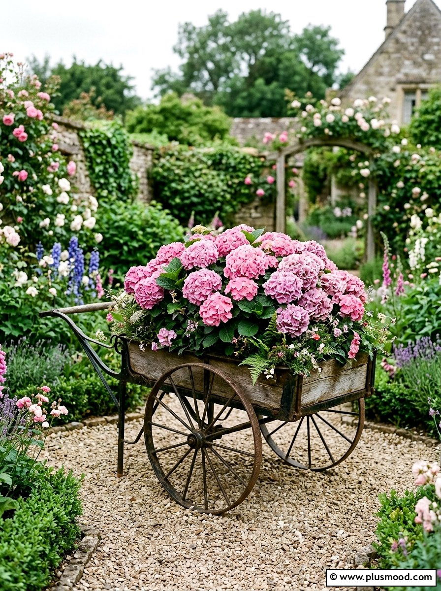 Antique garden cart floral display - 25 outdoor garden decor ideas with wheelbarrow planter