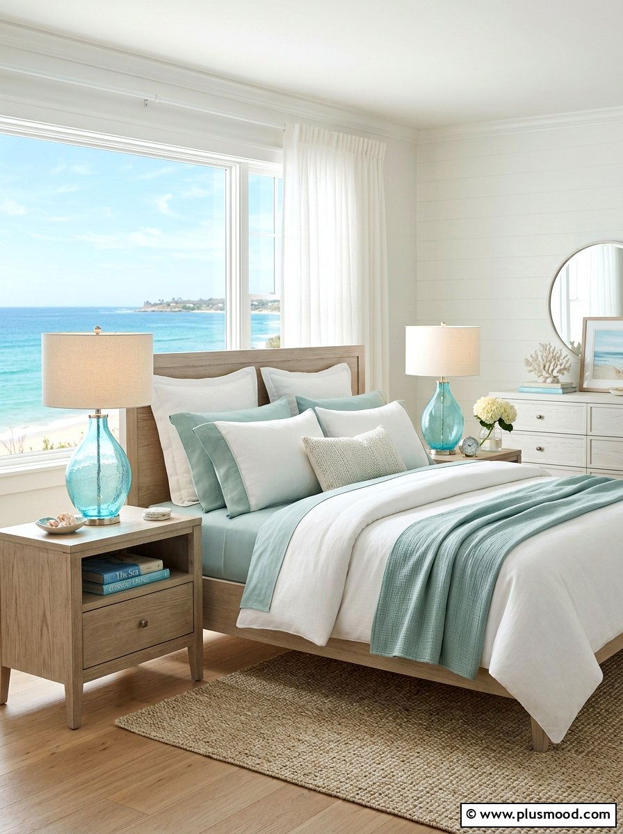 Aqua Glass Lamps - 25 beachy summer bedroom ideas
