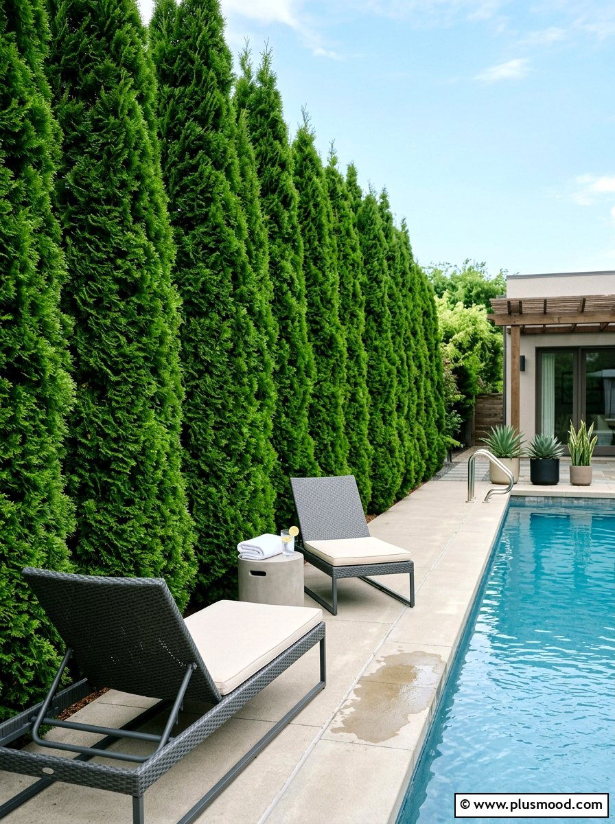 Arborvitae pool privacy wall - 25 pool landscaping ideas with hedge border