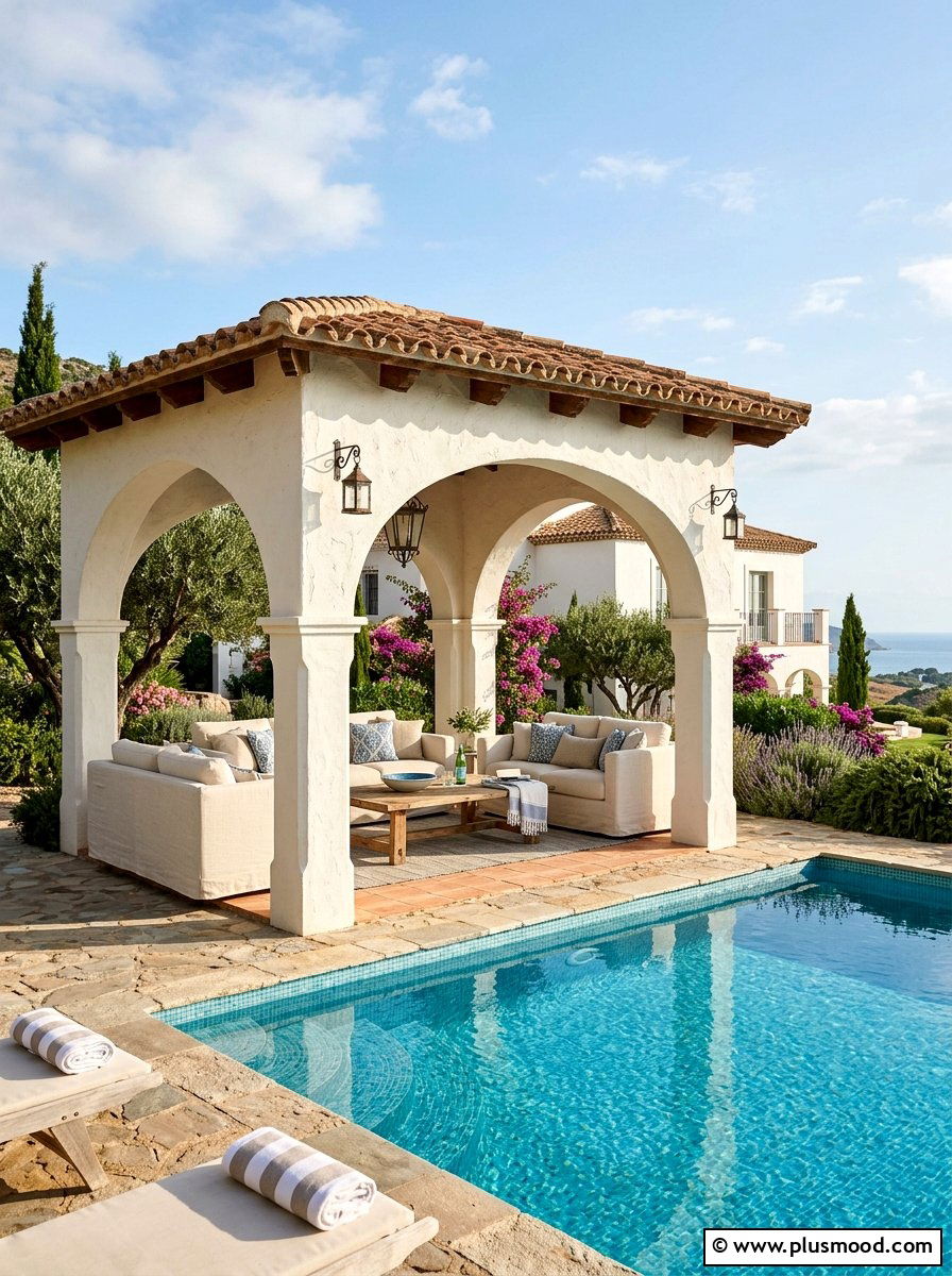 Arched Pool Cabana - 25 pool landscaping ideas for Mediterranean style