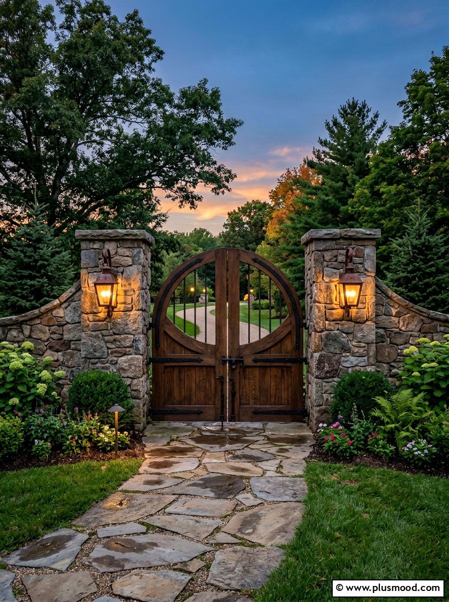 Arched Wood Gate Stone Pillars - 25 outdoor garden decor ideas with wooden gate