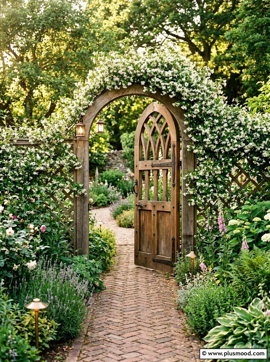 Arched Wooden Gate With Trellis - 25 small backyard ideas with gate entry