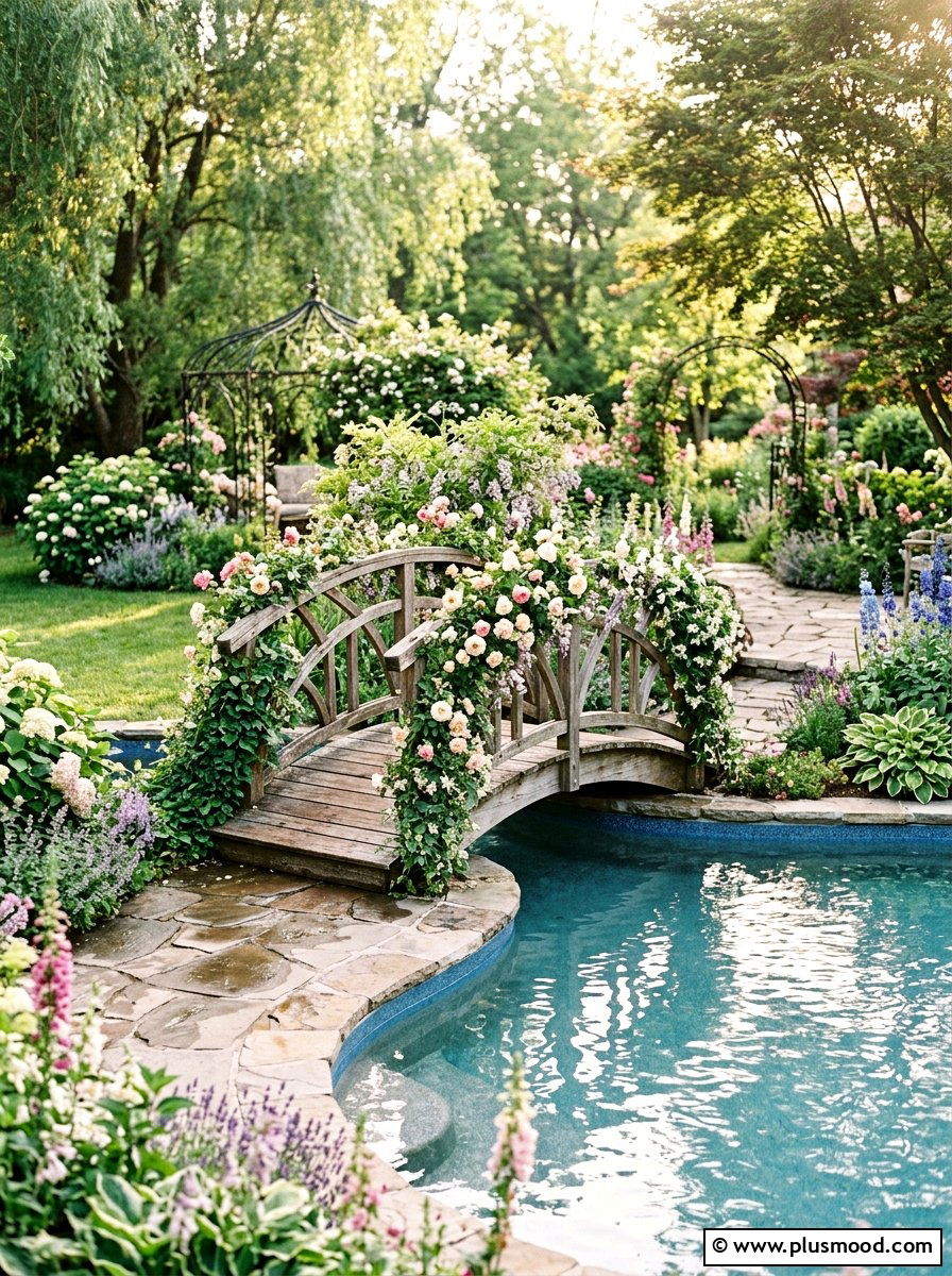 Arched pool bridge - 25 pool landscaping ideas for cottagecore theme