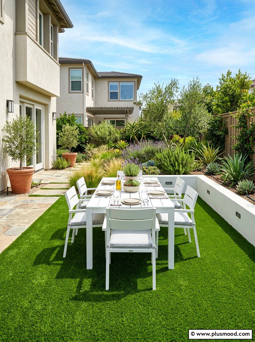 Artificial Grass Dining Section - 25 small backyard ideas with dining area