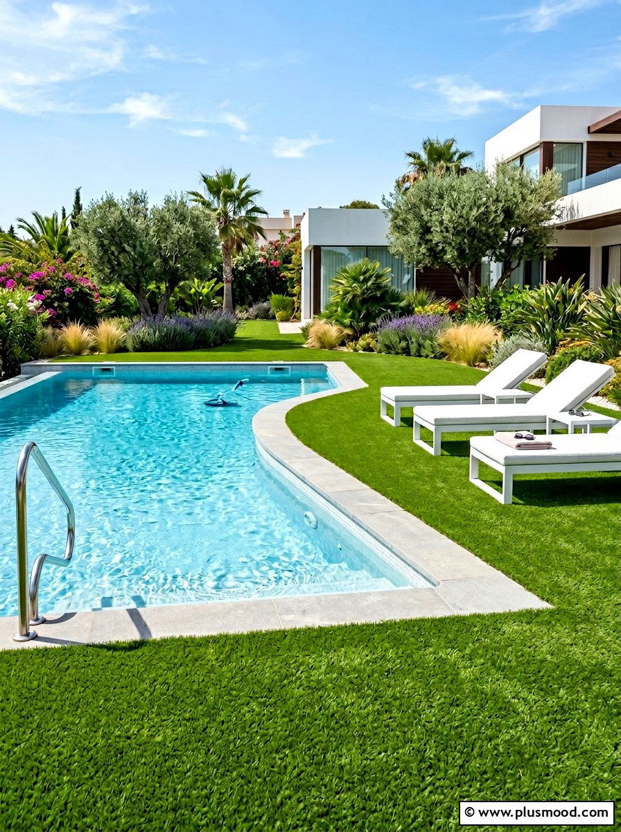 Artificial grass pool surround - 25 pool landscaping ideas for urban backyards