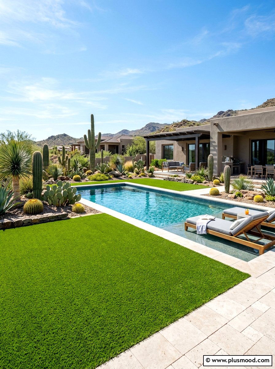 Artificial turf and cactus pool - 25 pool landscaping ideas with cactus garden