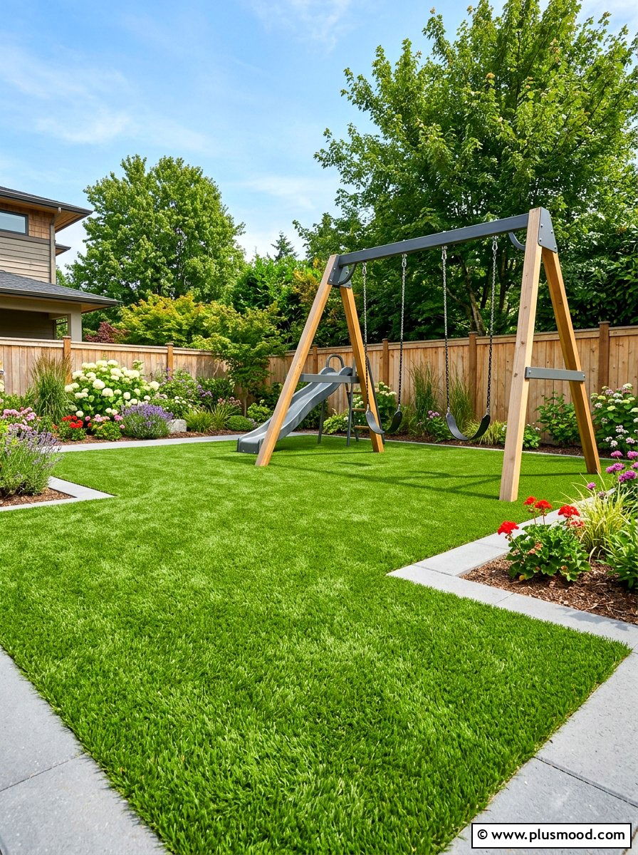 Artificial turf for kids play area - 25 small backyard ideas with swing set