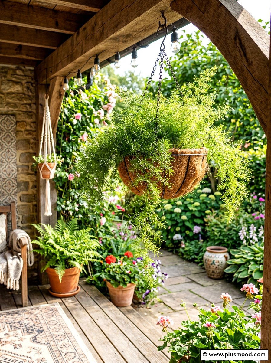 Asparagus Fern in Hanging Baskets - 25 summer potted fern ideas for porch