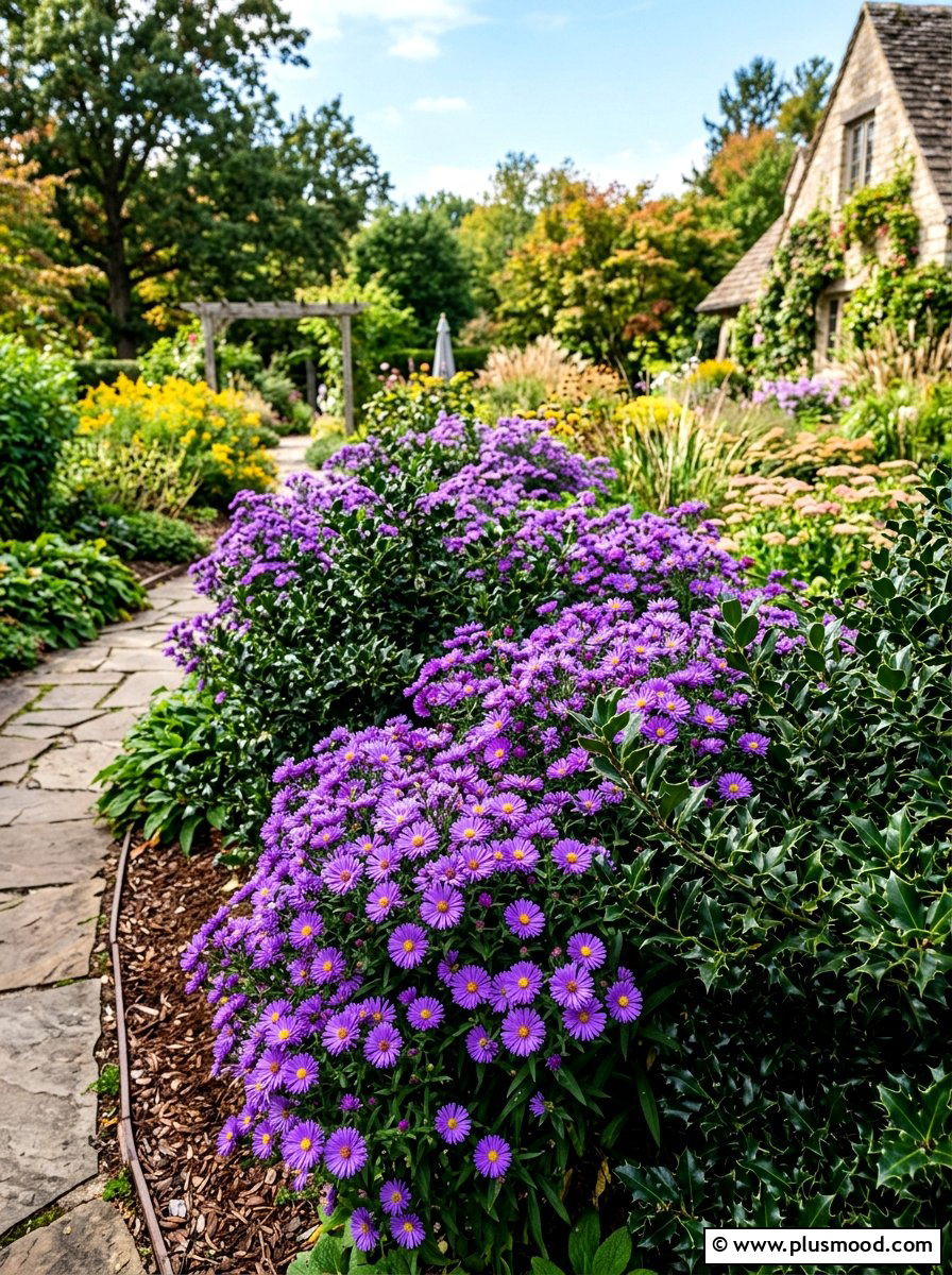 Aster and holly bed - 25 summer evergreen and flower mix ideas
