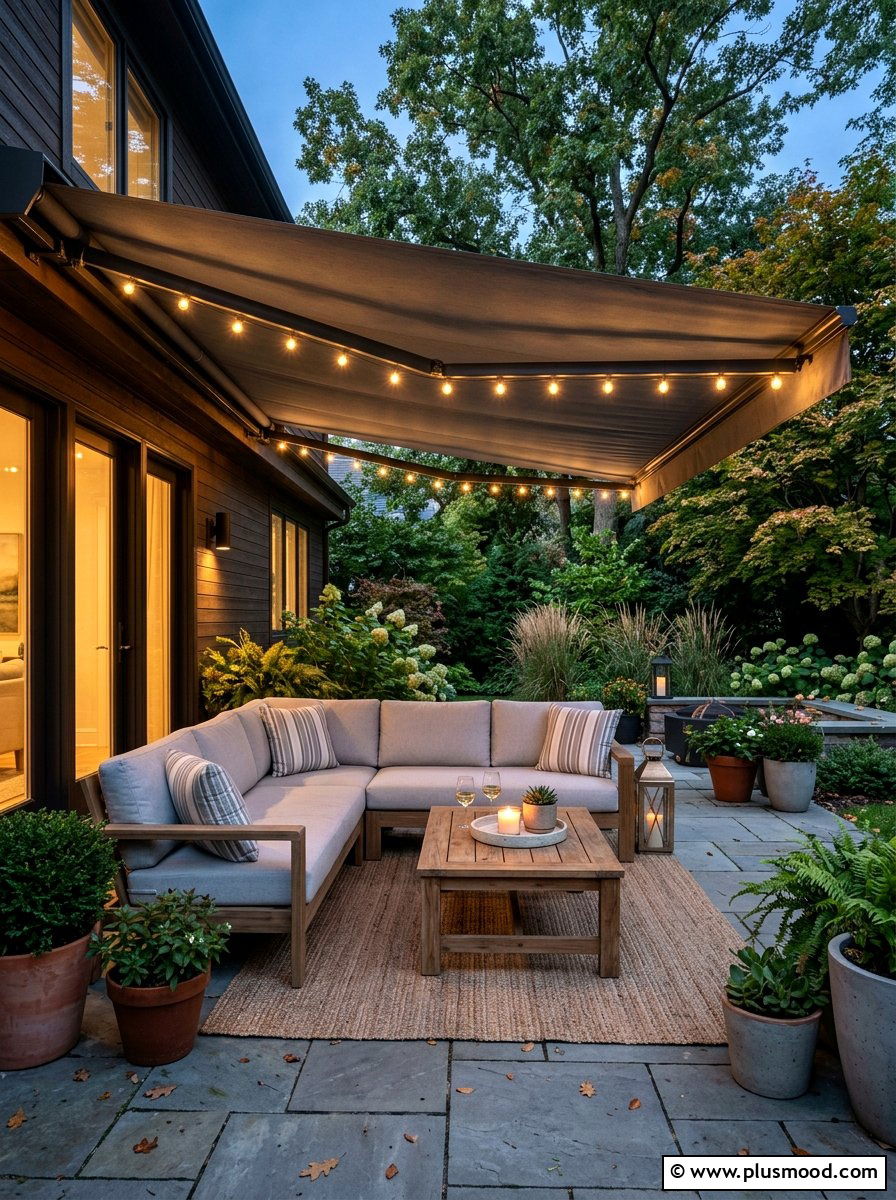 Awning String Lights - 25 small backyard ideas with string lights