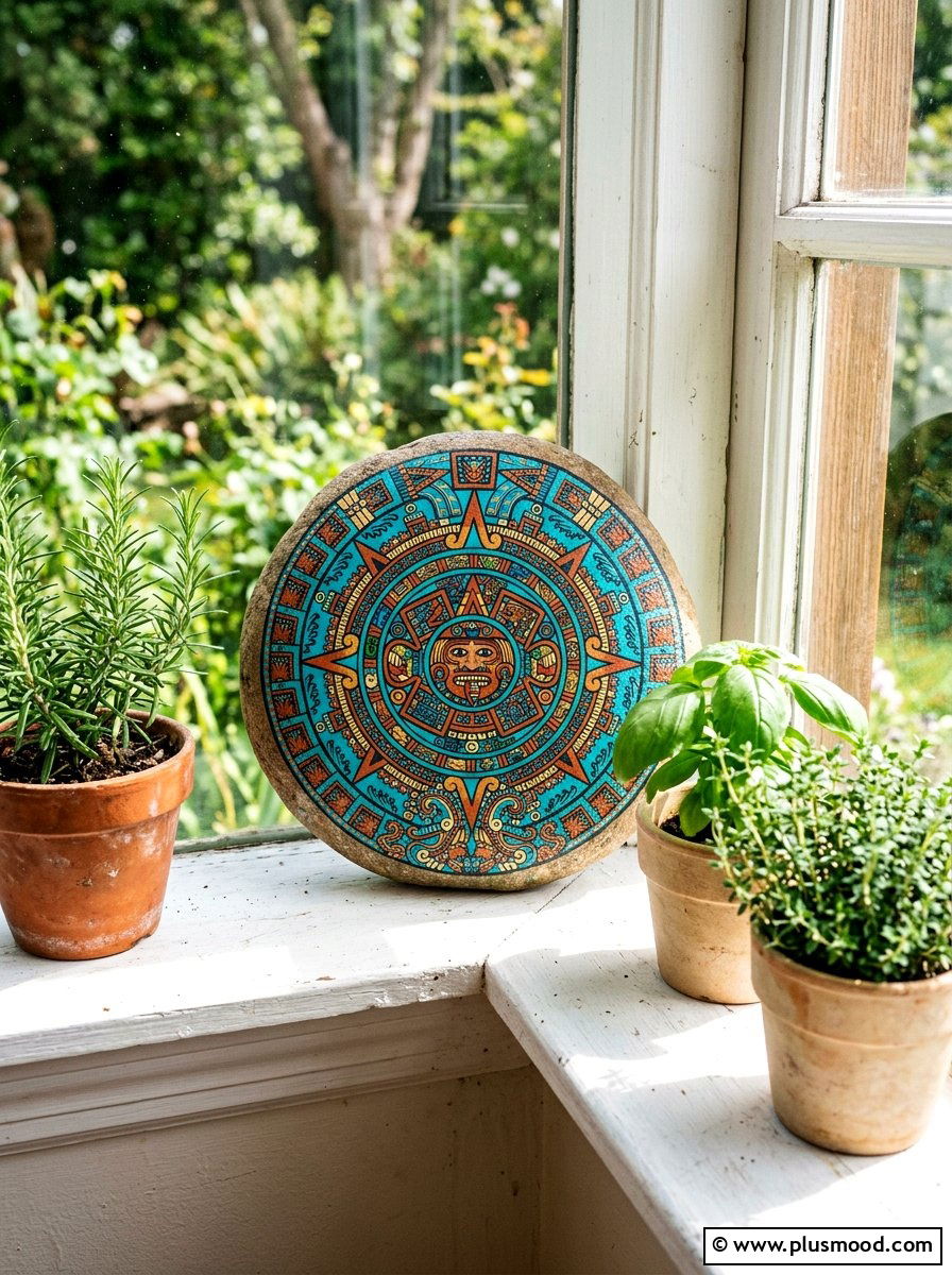 Aztec sun rock painting - 25 painted rock ideas with tribal art