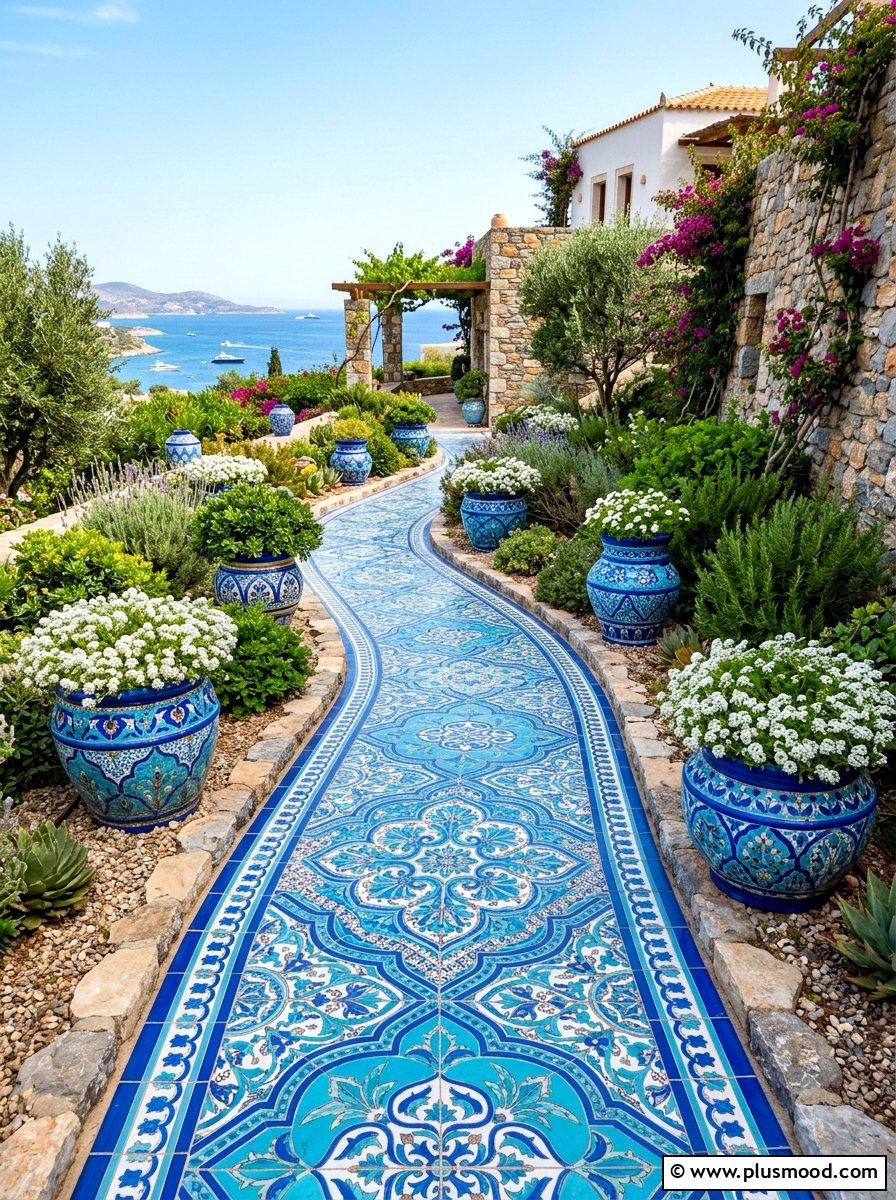 Azure Blue Mosaic Walkway - 25 summer blue planter styling ideas