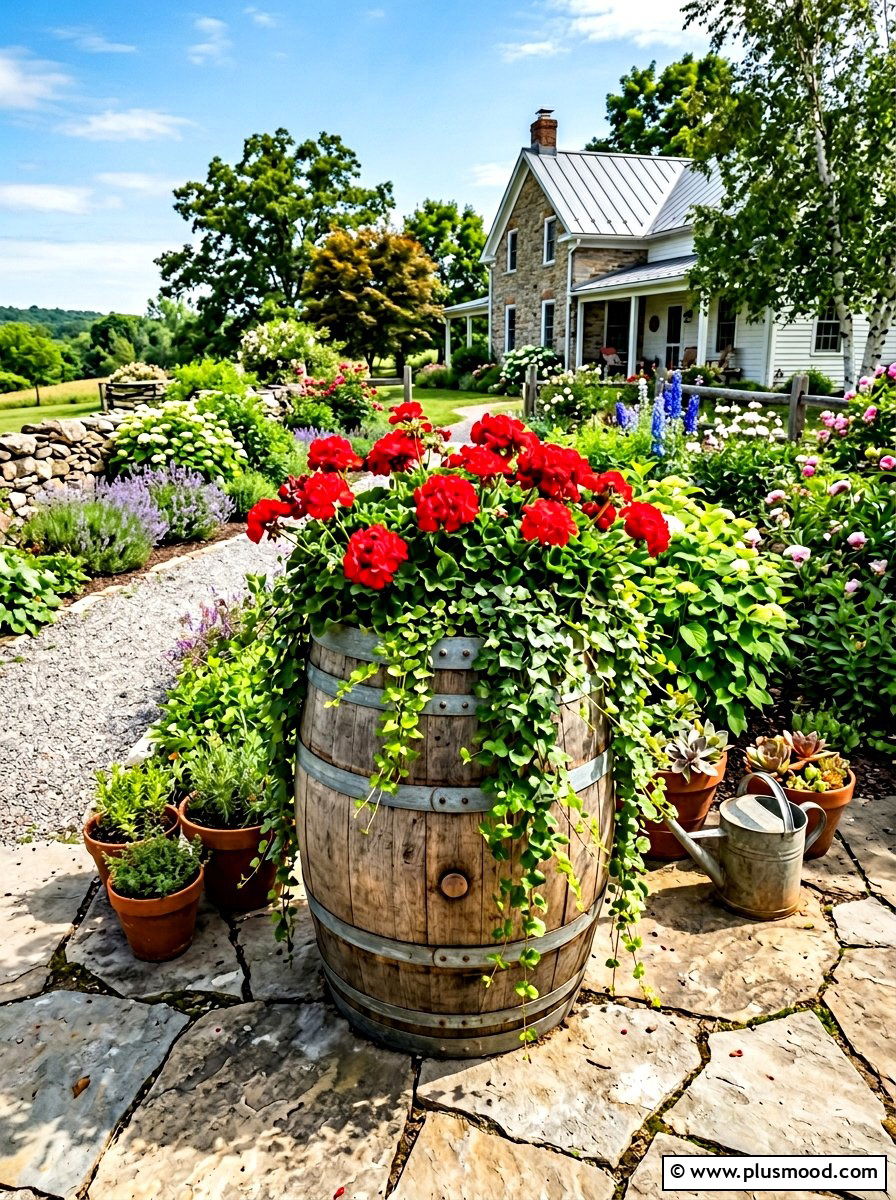 Backyard Barrel Planter - 25 cheap summer backyard ideas