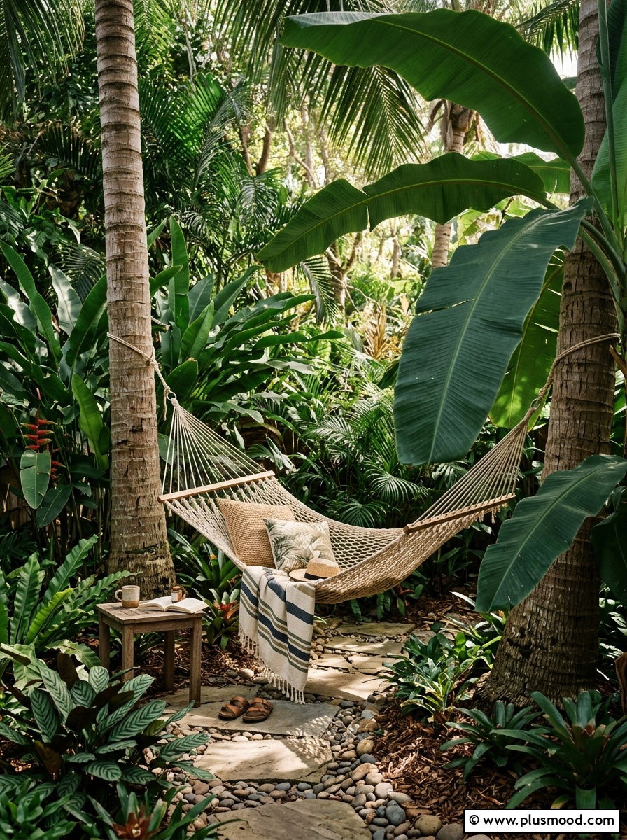 Backyard Hammock Tropical Retreat - 25 outdoor garden decor ideas with tropical plants